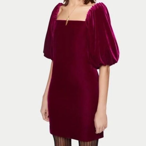Rebecca Minkoff Vienne velvet square neck puff sleeve mini dress in fuchsia M - Picture 2 of 11